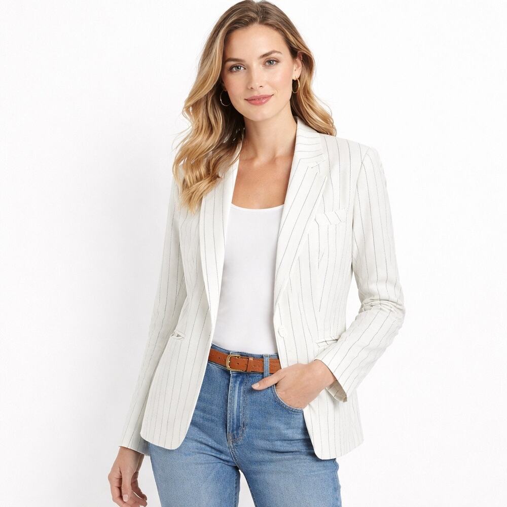 Adrienne Vittadini Small Linen Blend Blazer Jacket White Pinstripe Lightweight